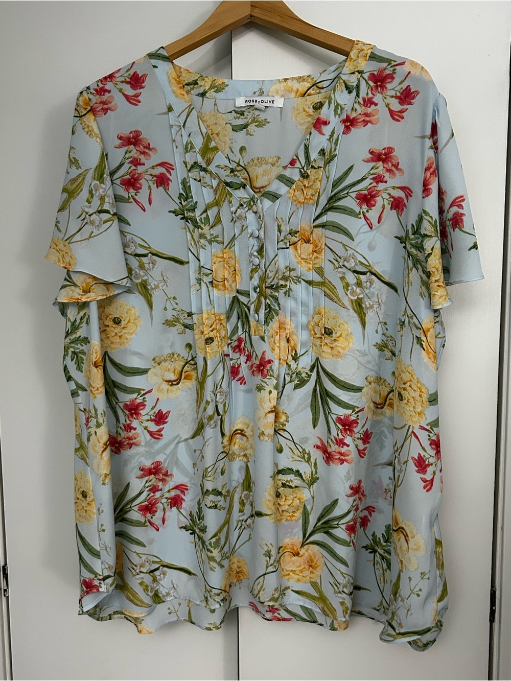 Rose and Olive V-Neck Button Blouse Floral Print